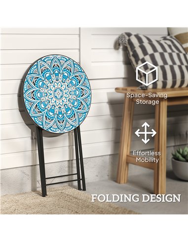 Outsunny Mosaic Outdoor Garden Table, 35.5cm Round Folding Coffee Table with Metal Frame for Balcony Terrace, Blue