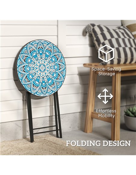 Outsunny Mosaic Outdoor Garden Table, 35.5cm Round Folding Coffee Table with Metal Frame for Balcony Terrace, Blue - pic 153353 | FastDaddyshop