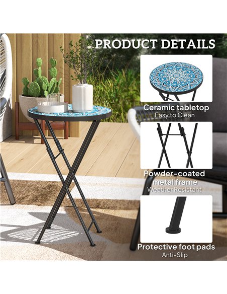 Outsunny Mosaic Outdoor Garden Table, 35.5cm Round Folding Coffee Table with Metal Frame for Balcony Terrace, Blue - pic 153354 | FastDaddyshop