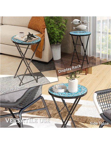 Outsunny Mosaic Outdoor Garden Table, 35.5cm Round Folding Coffee Table with Metal Frame for Balcony Terrace, Blue - pic 153355 | FastDaddyshop