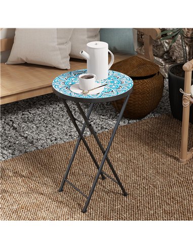 Outsunny Mosaic Outdoor Garden Table, 35.5cm Round Folding Coffee Table with Metal Frame for Balcony Terrace, Blue