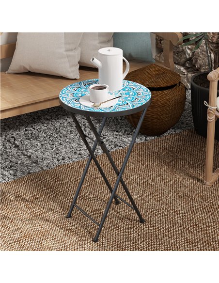Outsunny Mosaic Outdoor Garden Table, 35.5cm Round Folding Coffee Table with Metal Frame for Balcony Terrace, Blue - pic 153356 | FastDaddyshop
