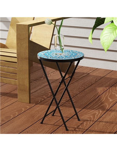 Outsunny Mosaic Outdoor Garden Table, 35.5cm Round Folding Coffee Table with Metal Frame for Balcony Terrace, Blue - pic 153357 | FastDaddyshop