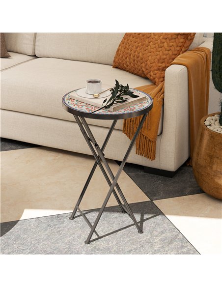 Outsunny Mosaic Outdoor Garden Table, 35.5cm Round Folding Coffee Table with Metal Frame for Balcony Terrace, Multicolour - pic 153359 | FastDaddyshop