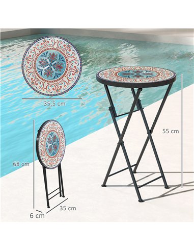 Outsunny Mosaic Outdoor Garden Table, 35.5cm Round Folding Coffee Table with Metal Frame for Balcony Terrace, Multicolour