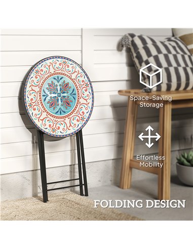 Outsunny Mosaic Outdoor Garden Table, 35.5cm Round Folding Coffee Table with Metal Frame for Balcony Terrace, Multicolour