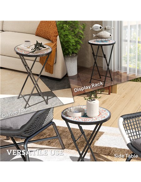Outsunny Mosaic Outdoor Garden Table, 35.5cm Round Folding Coffee Table with Metal Frame for Balcony Terrace, Multicolour - pic 153364 | FastDaddyshop