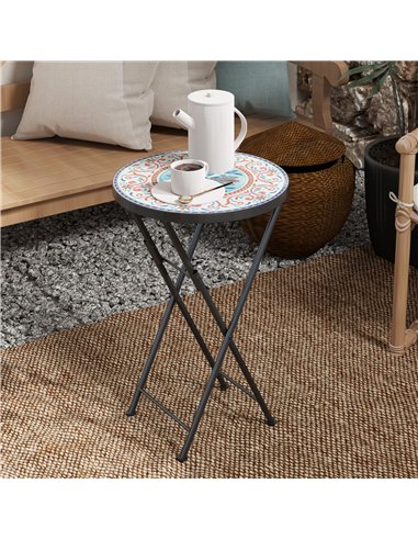 Outsunny Mosaic Outdoor Garden Table, 35.5cm Round Folding Coffee Table with Metal Frame for Balcony Terrace, Multicolour