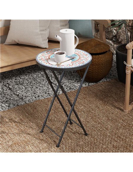 Outsunny Mosaic Outdoor Garden Table, 35.5cm Round Folding Coffee Table with Metal Frame for Balcony Terrace, Multicolour - pic 153365 | FastDaddyshop