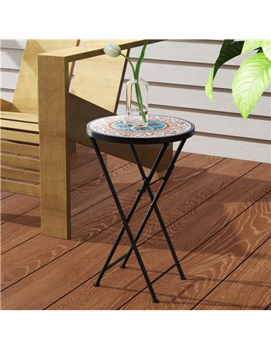 Outsunny Mosaic Outdoor Garden Table, 35.5cm Round Folding Coffee Table with Metal Frame for Balcony Terrace, Multicolour
