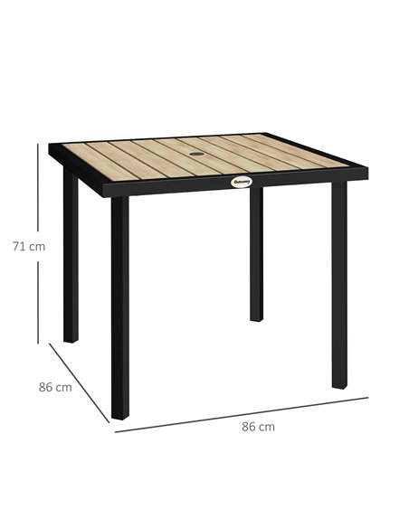 Outsunny Square Garden Dining Table with 5.4cm Parasol Hole, Slatted Top, Metal Frame, 86 x 86 x 71cm, Brown - pic 153369 | FastDaddyshop