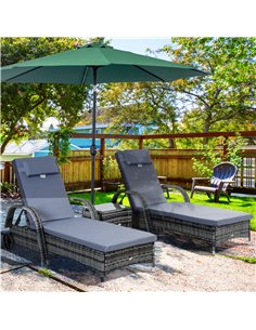 Outsunny Set of Two Rattan Sun Loungers with Side Table, Grey 2