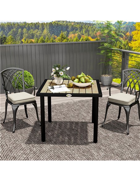 Outsunny Square Garden Dining Table with 5.4cm Parasol Hole, Slatted Top, Metal Frame, 86 x 86 x 71cm, Brown - pic 153373 | FastDaddyshop