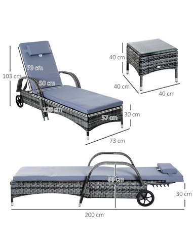 Outsunny Set of Two Rattan Sun Loungers with Side Table, Grey