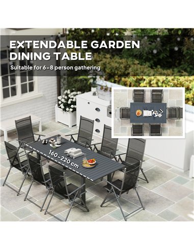 Outsunny Aluminium Extending Garden Table with Slatted Top for 6-8 Person, 160/220 x 90 x 73 cm, Grey