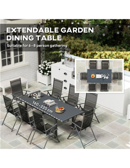 Outsunny Aluminium Extending Garden Table with Slatted Top for 6-8 Person, 160/220 x 90 x 73 cm, Grey - pic 153406 | FastDaddyshop