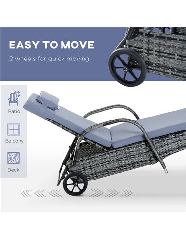 Outsunny Set of Two Rattan Sun Loungers with Side Table, Grey