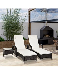 Outsunny Set of Two Rattan Sun Loungers with Side Table, Brown 2