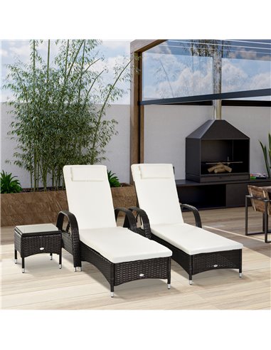 Outsunny Set of Two Rattan Sun Loungers with Side Table, Brown
