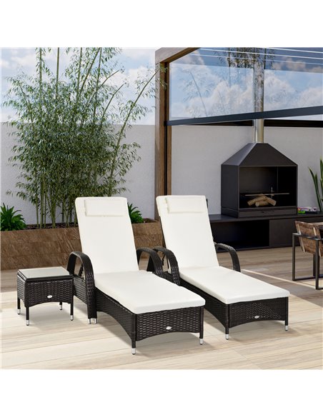 Outsunny Set of Two Rattan Sun Loungers with Side Table, Brown - pic 15345 | FastDaddyshop