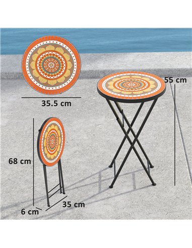 Outsunny Mosaic Outdoor Garden Table, 35.5cm Round Folding Coffee Table with Metal Frame for Balcony Terrace, Orange
