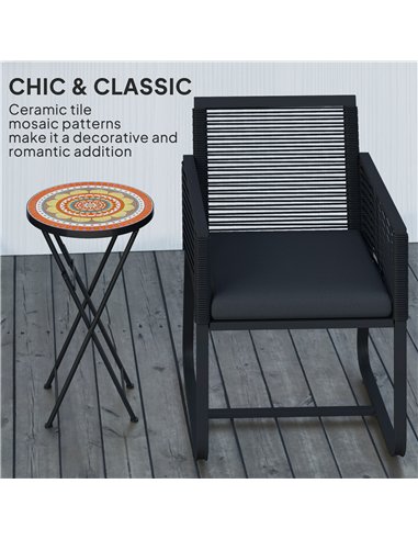 Outsunny Mosaic Outdoor Garden Table, 35.5cm Round Folding Coffee Table with Metal Frame for Balcony Terrace, Orange