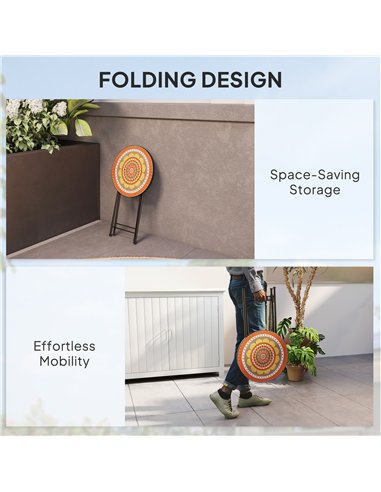 Outsunny Mosaic Outdoor Garden Table, 35.5cm Round Folding Coffee Table with Metal Frame for Balcony Terrace, Orange