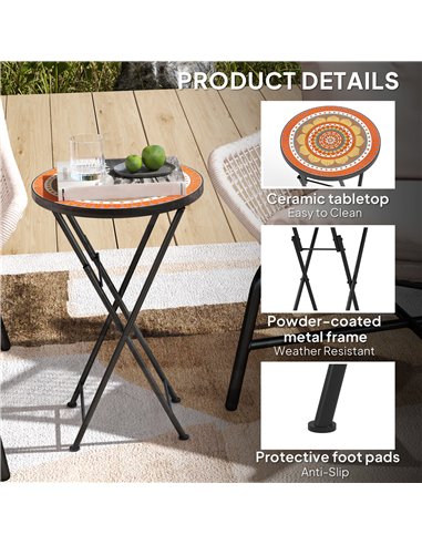 Outsunny Mosaic Outdoor Garden Table, 35.5cm Round Folding Coffee Table with Metal Frame for Balcony Terrace, Orange