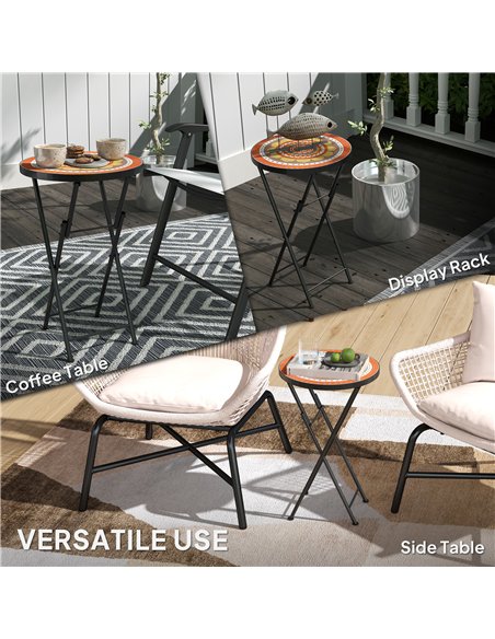 Outsunny Mosaic Outdoor Garden Table, 35.5cm Round Folding Coffee Table with Metal Frame for Balcony Terrace, Orange - pic 153454 | FastDaddyshop