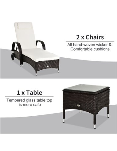 Outsunny Set of Two Rattan Sun Loungers with Side Table, Brown
