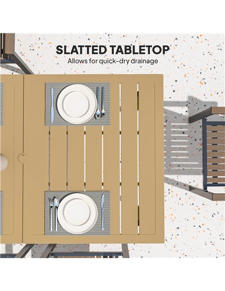 Outsunny Garden Dining Table for 6 Person, Rectangle Outdoor Coffee Table with 5 cm Parasol Hole, Slatted Tabletop and Steel Fra - pic 153471 | FastDaddyshop