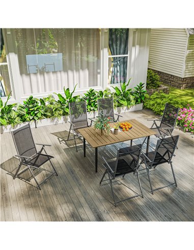 Outsunny Garden Dining Table for 6 Person, Rectangle Outdoor Coffee Table with 5 cm Parasol Hole, Slatted Tabletop and Steel Fra