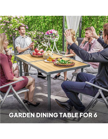 Outsunny Garden Table for 6, Outdoor Dining Table with 5cm Umbrella Hole, Wood Effect Top, Rust Resistant Frame, for Patio, Balc - pic 153479 | FastDaddyshop