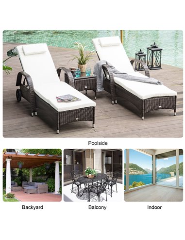 Outsunny Set of Two Rattan Sun Loungers with Side Table, Brown