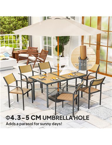 Outsunny Garden Table for 6, Outdoor Dining Table with 5cm Umbrella Hole, Wood Effect Top, Rust Resistant Frame, for Patio, Balc