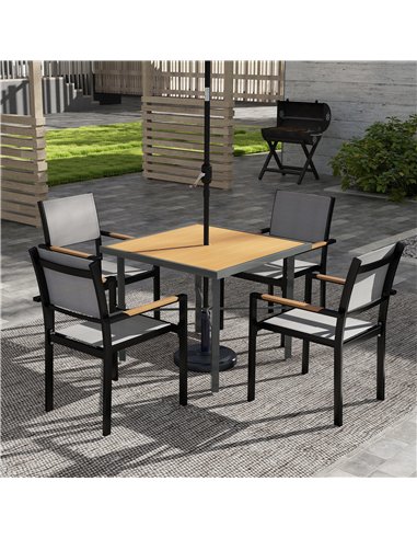 Outsunny Garden Table, 90cm Square Outdoor Patio Dining Table with 4.2 cm Umbrella Hole, Metal Frame, Wood Effect Top, for Terra