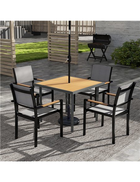Outsunny Garden Table, 90cm Square Outdoor Patio Dining Table with 4.2 cm Umbrella Hole, Metal Frame, Wood Effect Top, for Terra - pic 153485 | FastDaddyshop