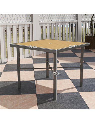 Outsunny Garden Table, 90cm Square Outdoor Patio Dining Table with 4.2 cm Umbrella Hole, Metal Frame, Wood Effect Top, for Terra