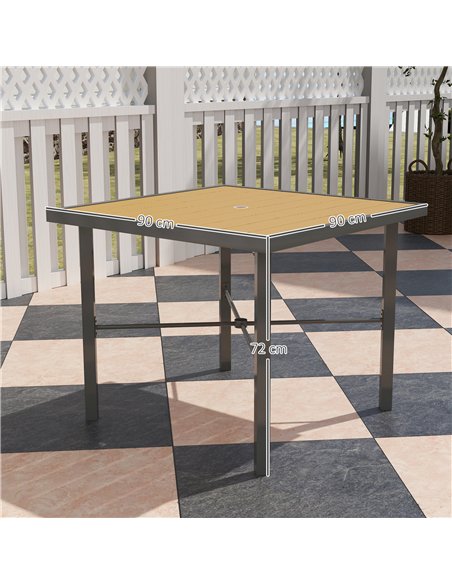 Outsunny Garden Table, 90cm Square Outdoor Patio Dining Table with 4.2 cm Umbrella Hole, Metal Frame, Wood Effect Top, for Terra - pic 153486 | FastDaddyshop