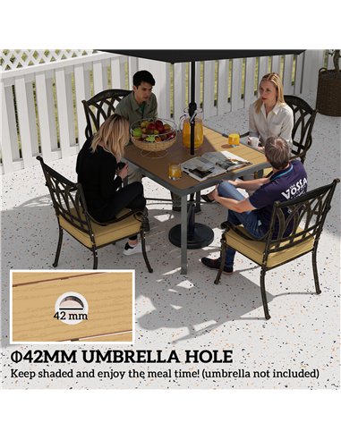 Outsunny Garden Table, 90cm Square Outdoor Patio Dining Table with 4.2 cm Umbrella Hole, Metal Frame, Wood Effect Top, for Terra