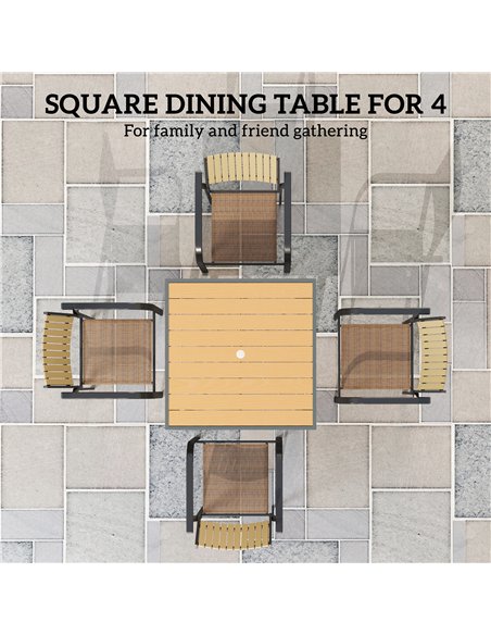 Outsunny Garden Table, 90cm Square Outdoor Patio Dining Table with 4.2 cm Umbrella Hole, Metal Frame, Wood Effect Top, for Terra - pic 153489 | FastDaddyshop