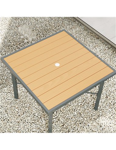 Outsunny Garden Table, 90cm Square Outdoor Patio Dining Table with 4.2 cm Umbrella Hole, Metal Frame, Wood Effect Top, for Terra