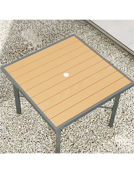 Outsunny Garden Table, 90cm Square Outdoor Patio Dining Table with 4.2 cm Umbrella Hole, Metal Frame, Wood Effect Top, for Terra - pic 153492 | FastDaddyshop