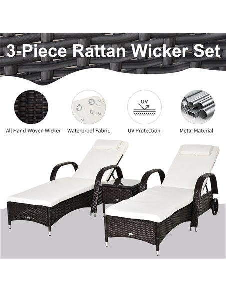 Outsunny Set of Two Rattan Sun Loungers with Side Table, Brown - pic 15350 | FastDaddyshop
