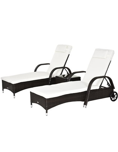 Outsunny Set of Two Rattan Sun Loungers with Side Table, Brown