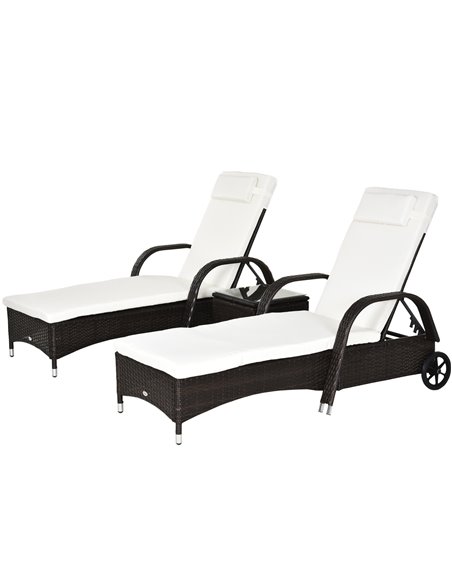 Outsunny Set of Two Rattan Sun Loungers with Side Table, Brown - pic 15351 | FastDaddyshop