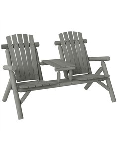 Outsunny Wood Patio Chair Bench 2 Seats w/ Centre Coffee Table, Garden Bench, Grey