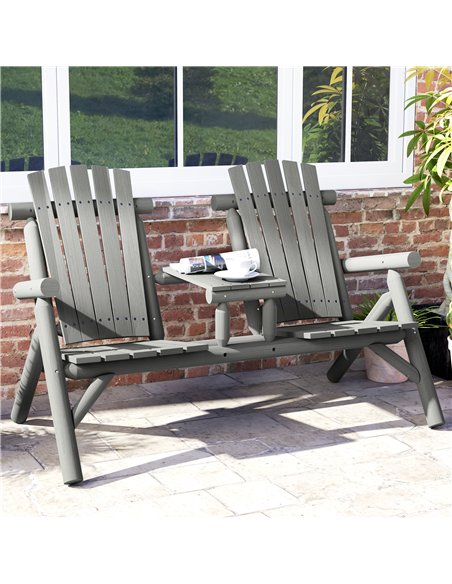 Outsunny Wood Patio Chair Bench 2 Seats w/ Centre Coffee Table, Garden Bench, Grey - pic 153512 | FastDaddyshop