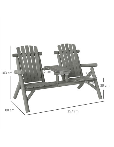 Outsunny Wood Patio Chair Bench 2 Seats w/ Centre Coffee Table, Garden Bench, Grey