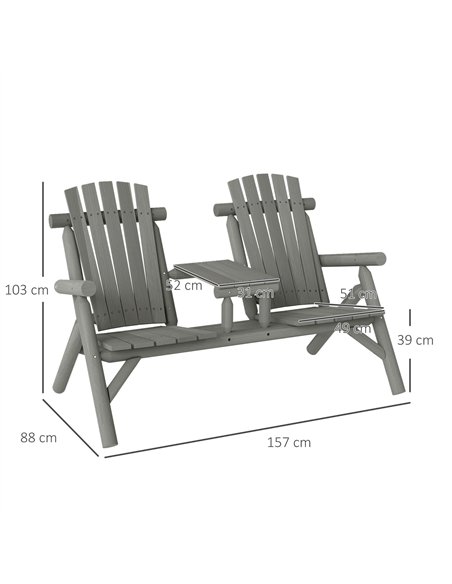 Outsunny Wood Patio Chair Bench 2 Seats w/ Centre Coffee Table, Garden Bench, Grey - pic 153513 | FastDaddyshop